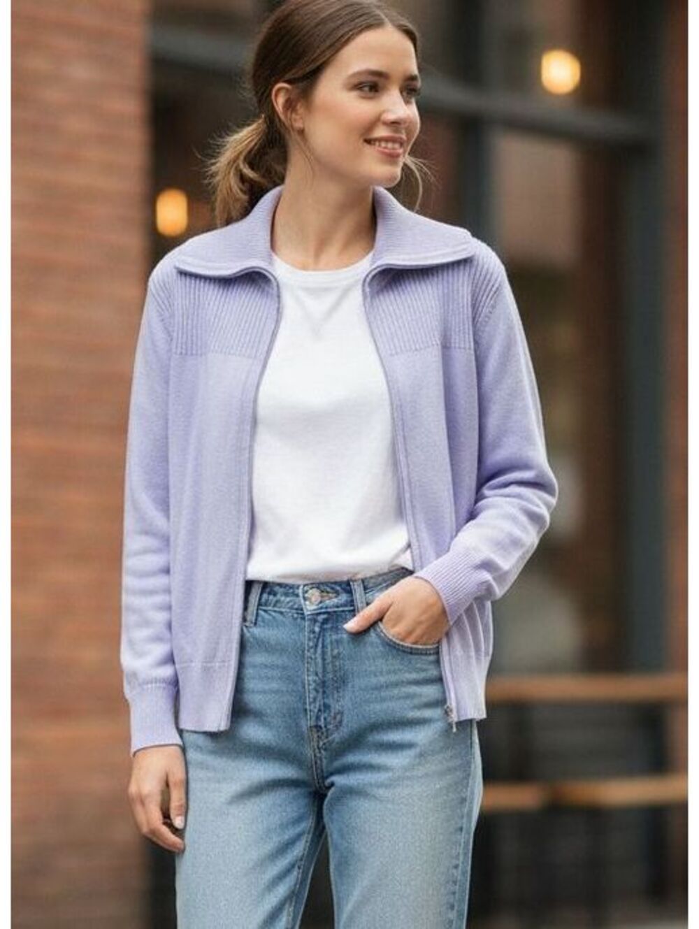 Northern Reflections Lavender Cotton Zip Front Cardigan XL Ribbed Trim
